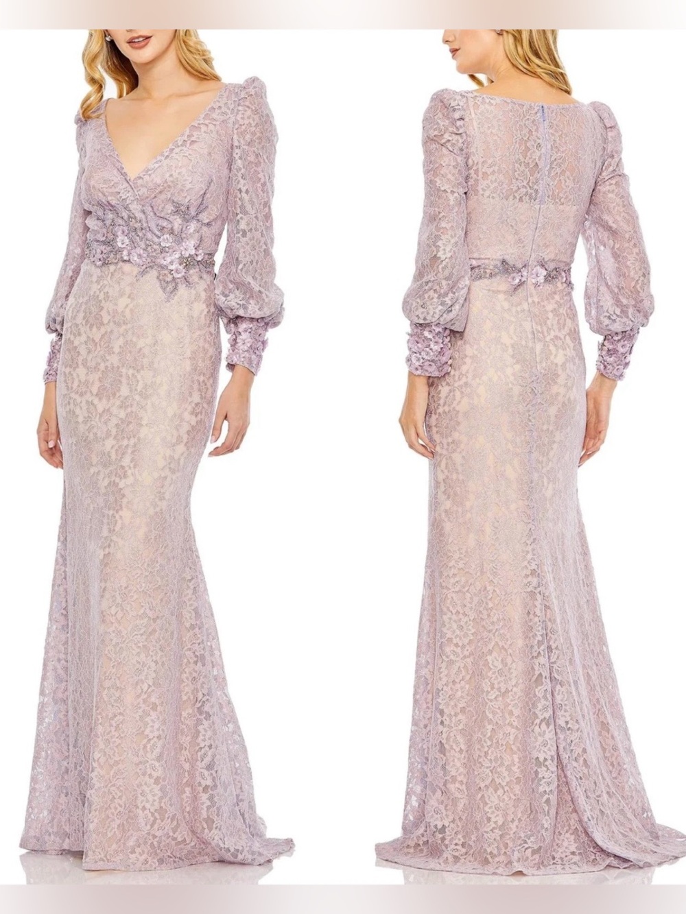 MAC Duggal Floral Lace 3D Appliqués Detailed Beadwork Vintage Lilac Sz 8 #79397